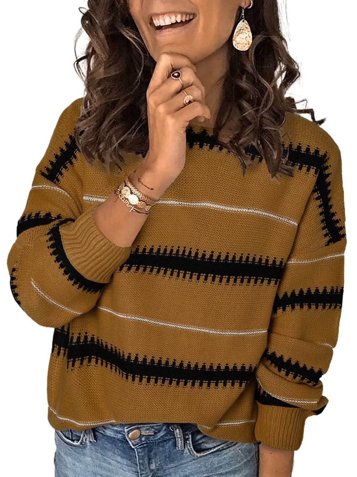 Women's Color Block Jagged Striped Knit Sweater