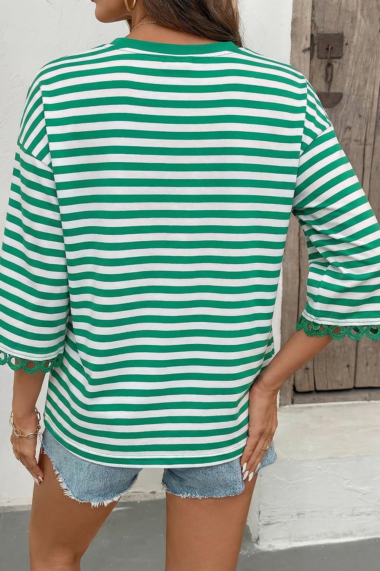 HOT SALE Women's Crewneck Striped Cute Color Block 3/4 Sleeve Blouse Top