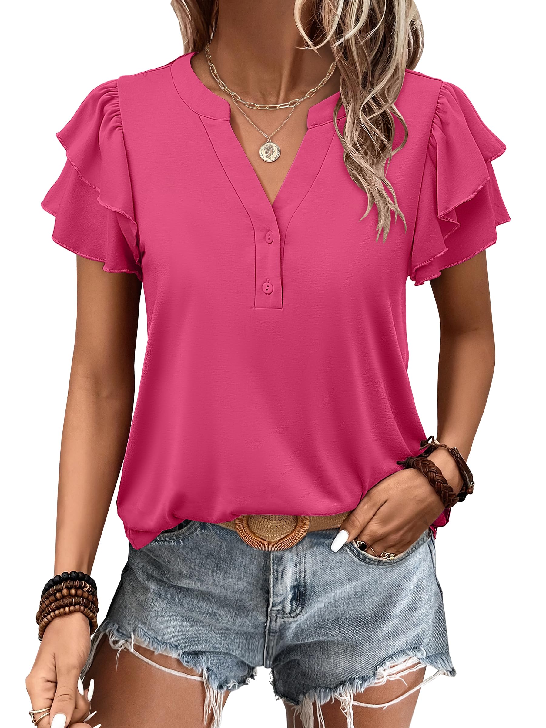 Womens Casual Ruffle Short Sleeve V Neck  Top Blouses