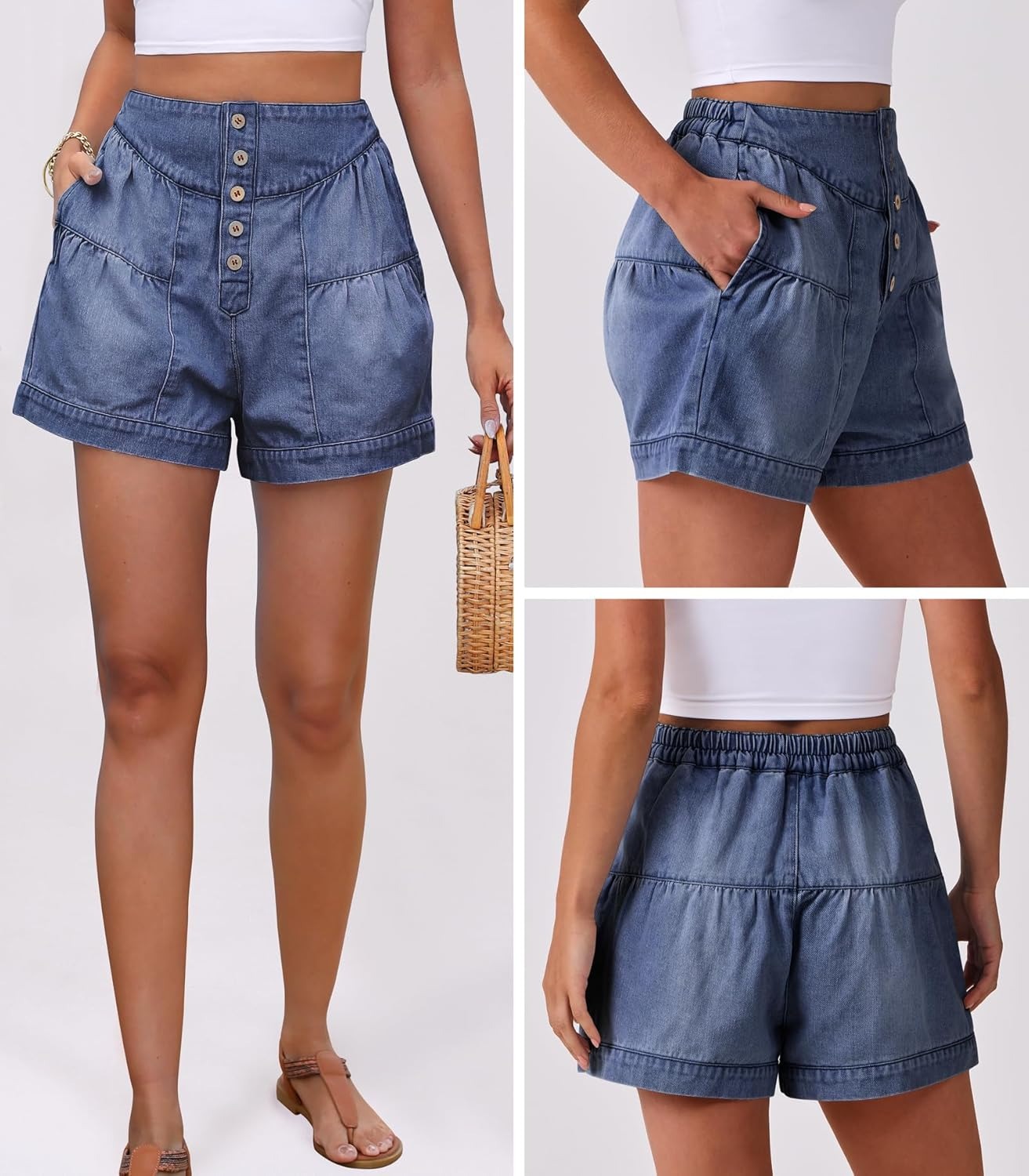 Women's Summer Baggy Flowy Wide Leg Buttons Pleated Denim Shorts