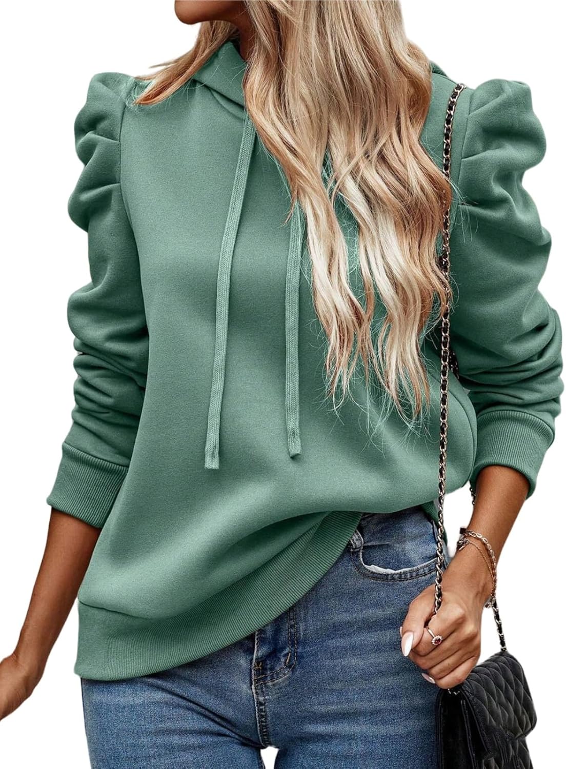 Women's Puff Sleeve Drawstring Casual Hoodie