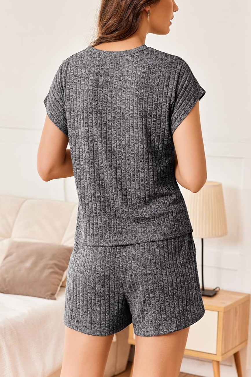 Womens Ribbed Short Cap Sleeve Top and Shorts Lounge Set