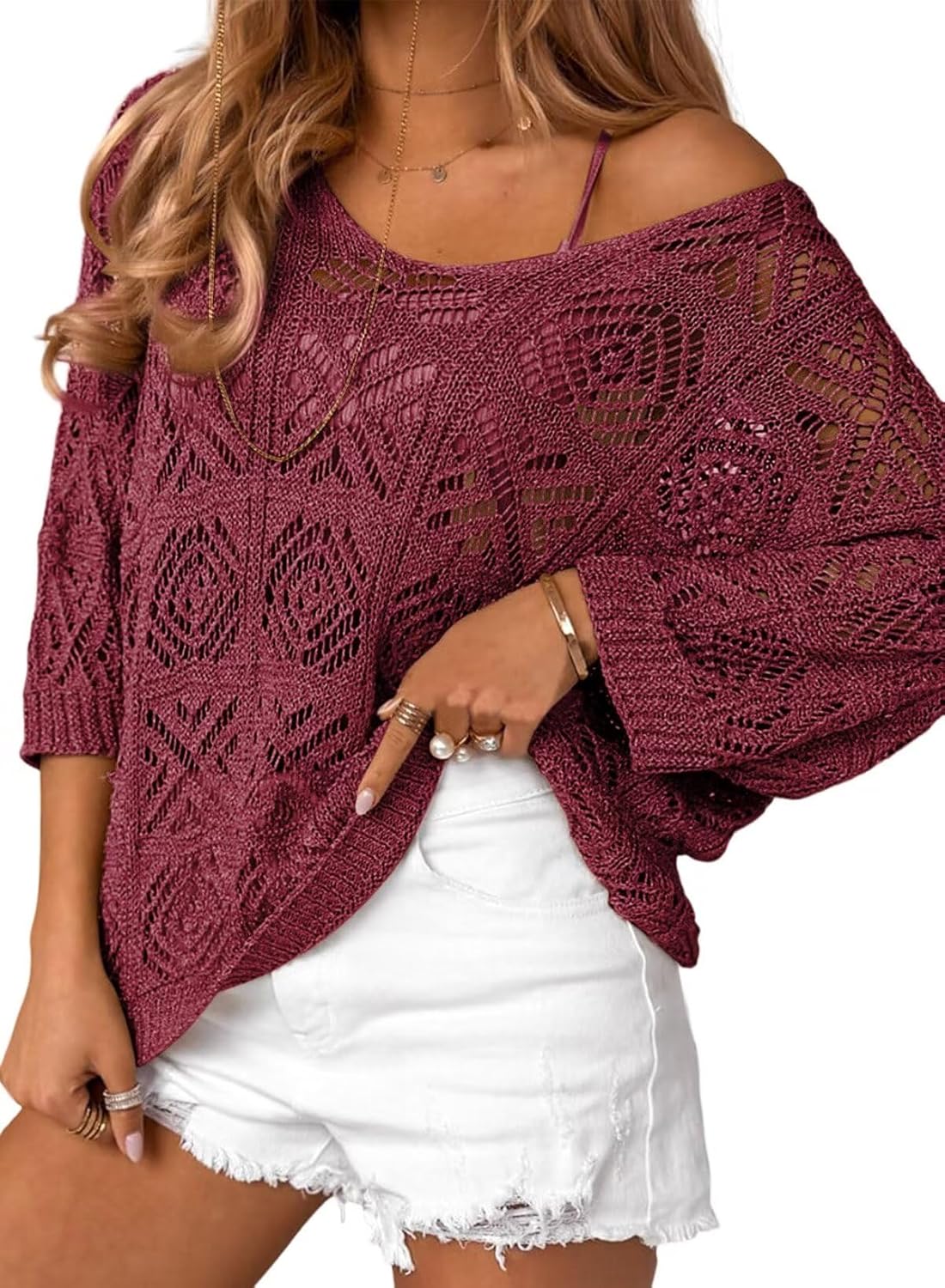 Women's 2025 Spring Summer Crochet Hollow Out Pullover Off Shoulder Top(BUY 2 FREE SHIPPING)