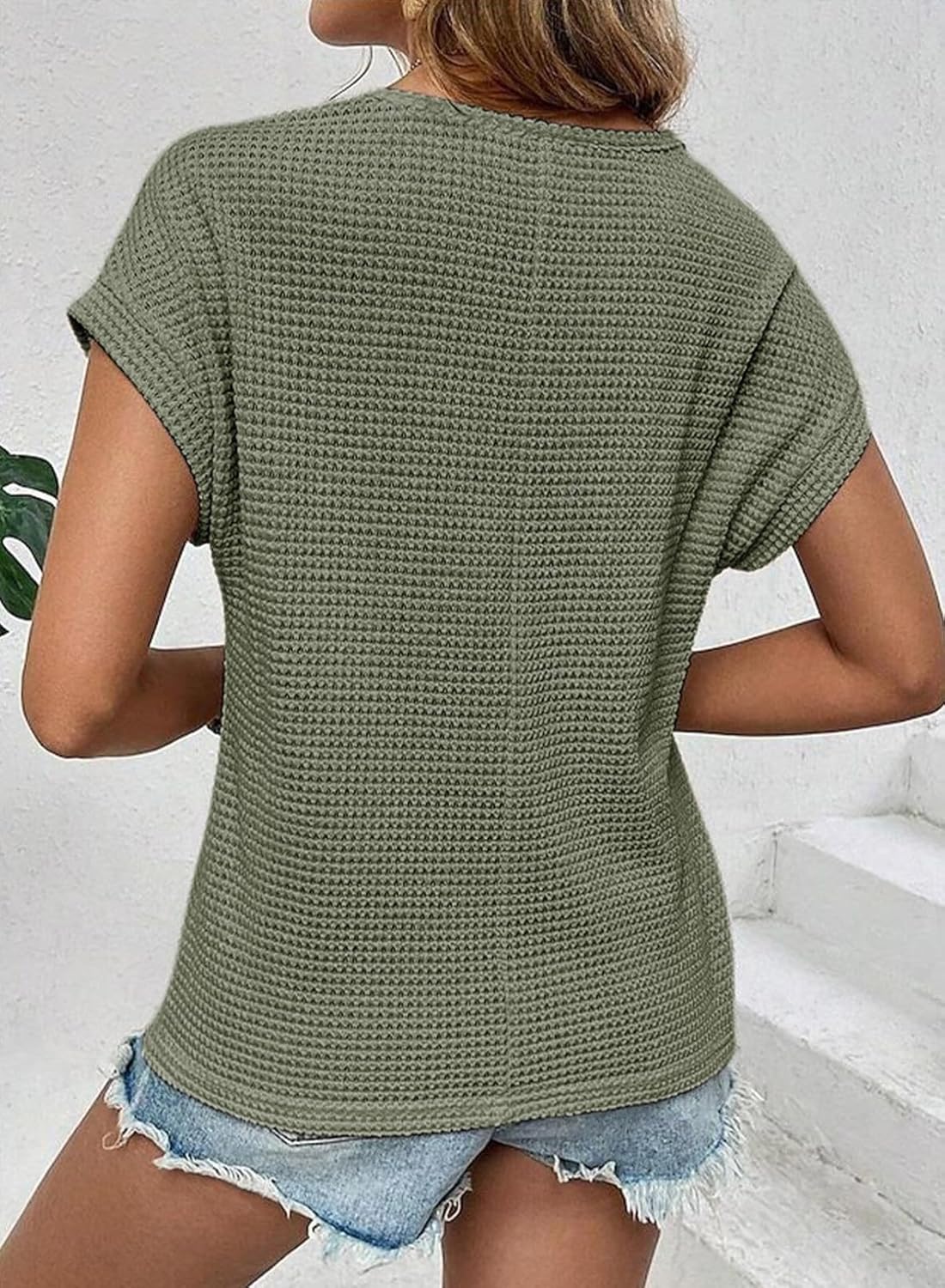 HOT SALE Women's Casual Waffle Knit Hollow Out Short Sleeve Shirts