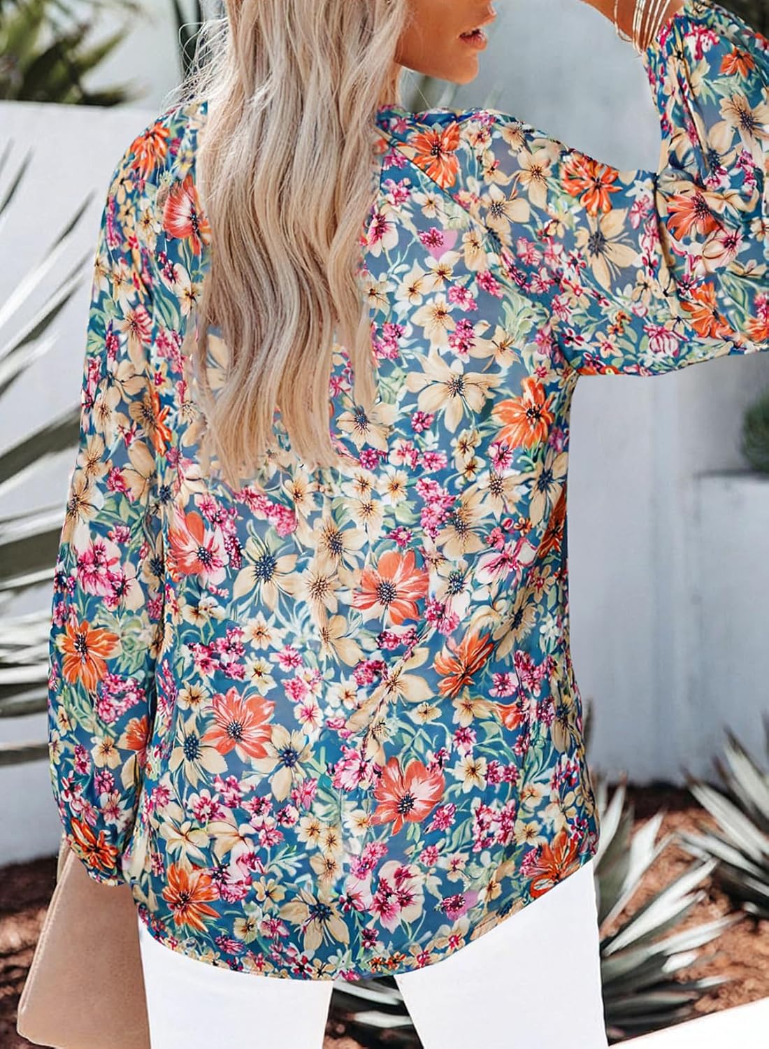 Women's Casual Boho Floral Print V Neck Long Sleeve Shirt Top