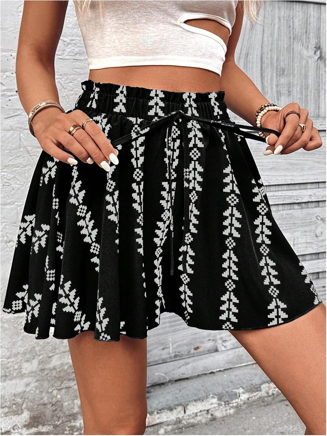 Women's All Over Print Front Knot High Waist Flowy Shorts