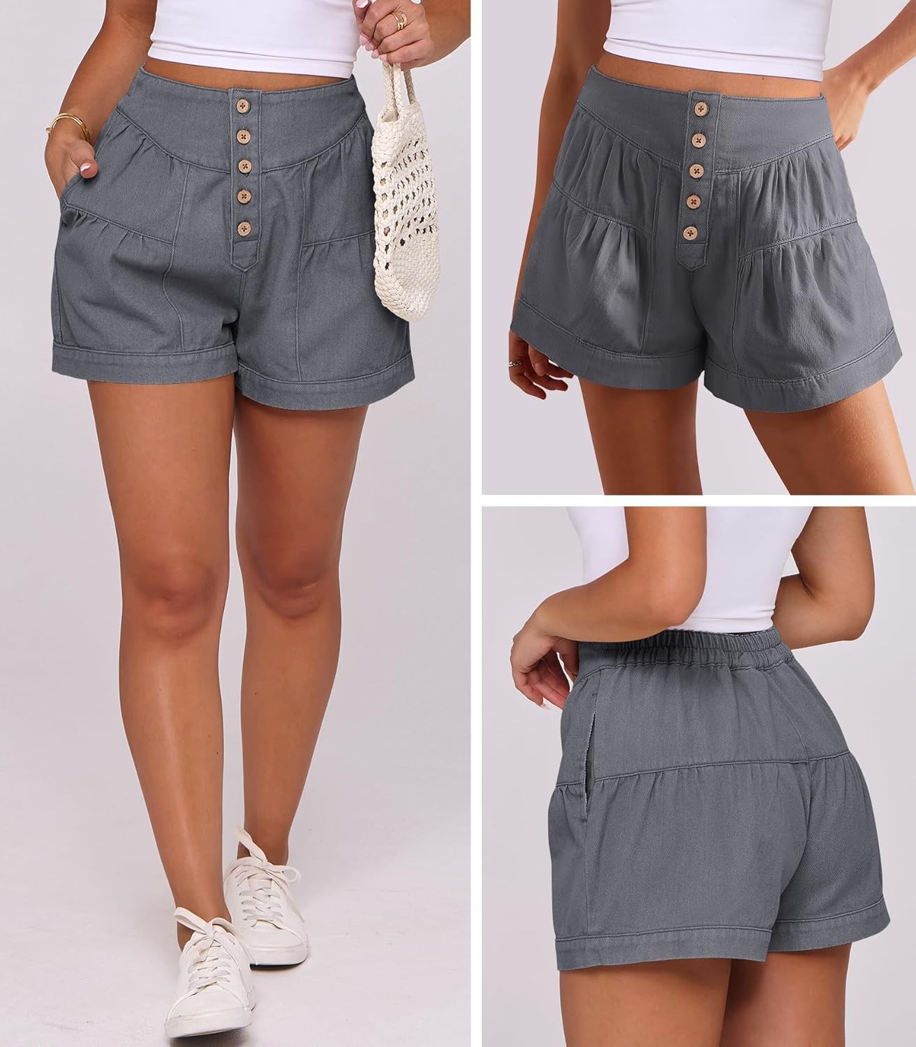 Women's Summer Baggy Flowy Wide Leg Buttons Pleated Denim Shorts