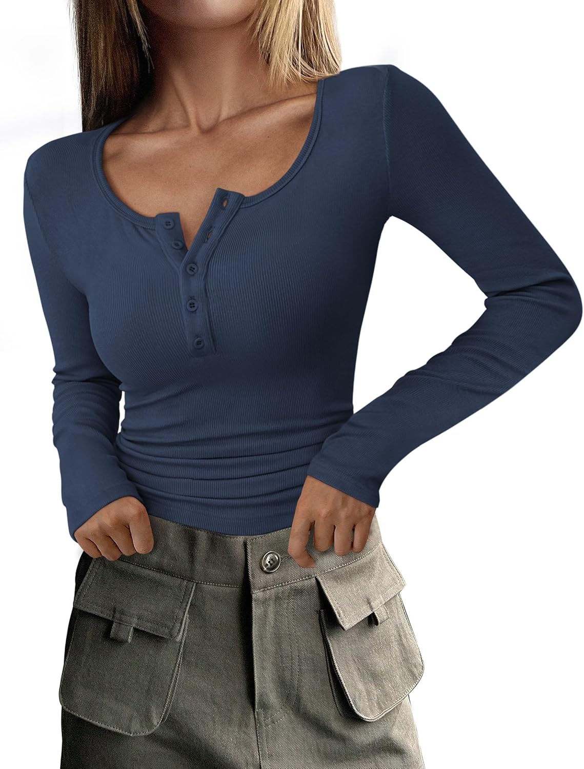  Women's Long Sleeve Henley Button Ribbed Knit Basic Tops