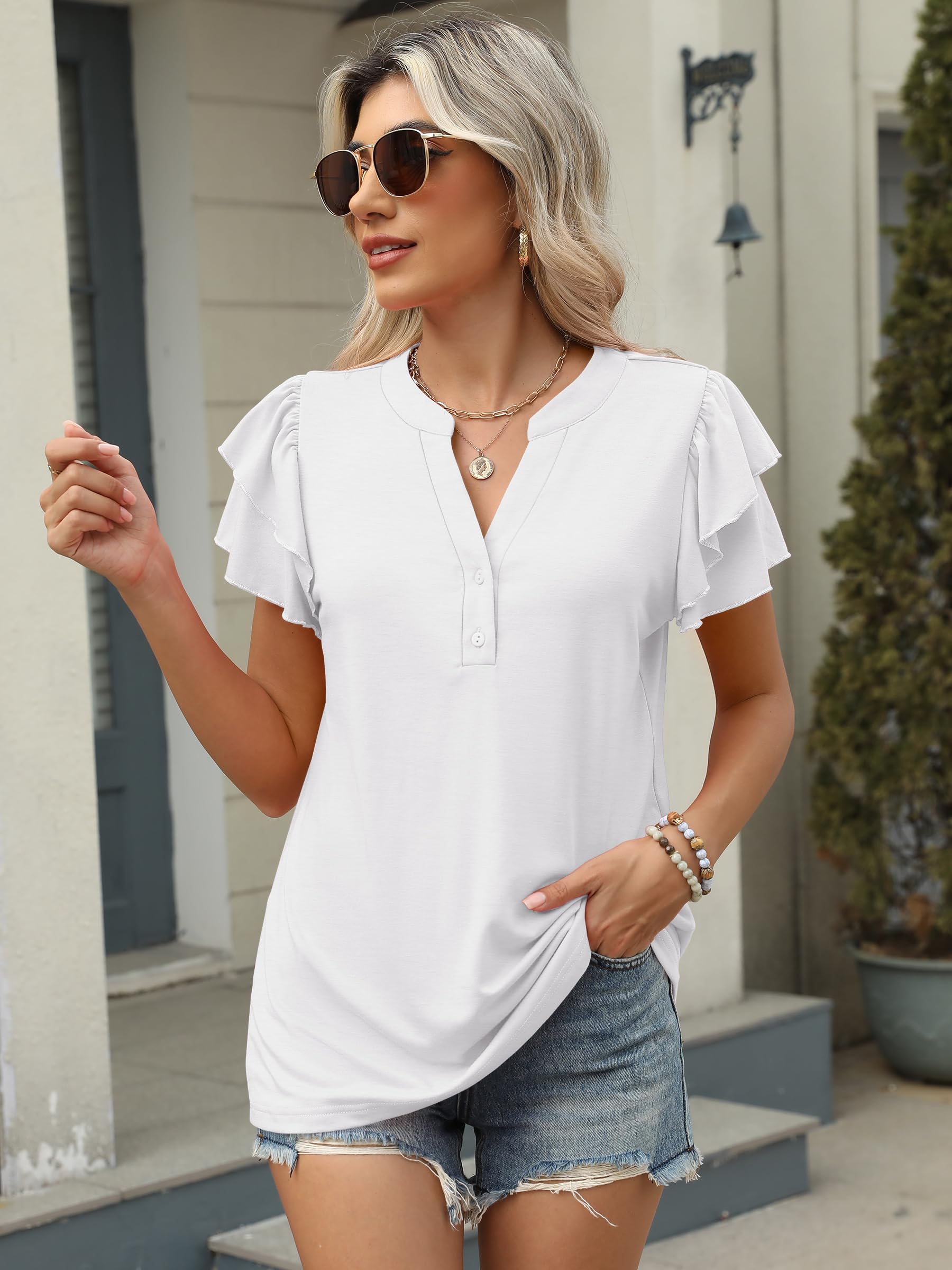 Womens Casual Ruffle Short Sleeve V Neck  Top Blouses