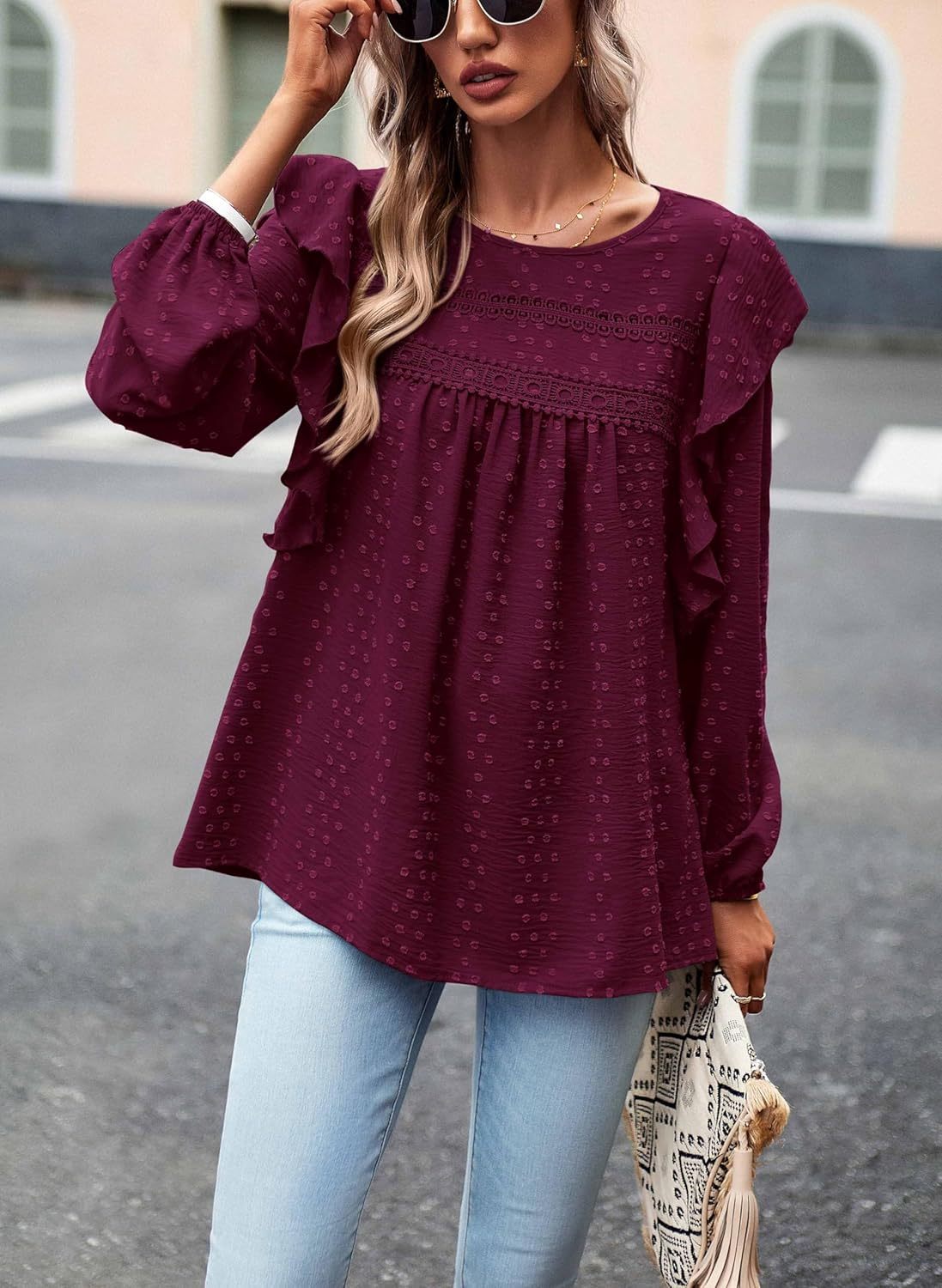 HOT SALE Women's Long Sleeve Ruffle Swiss Dot Crochet Tops