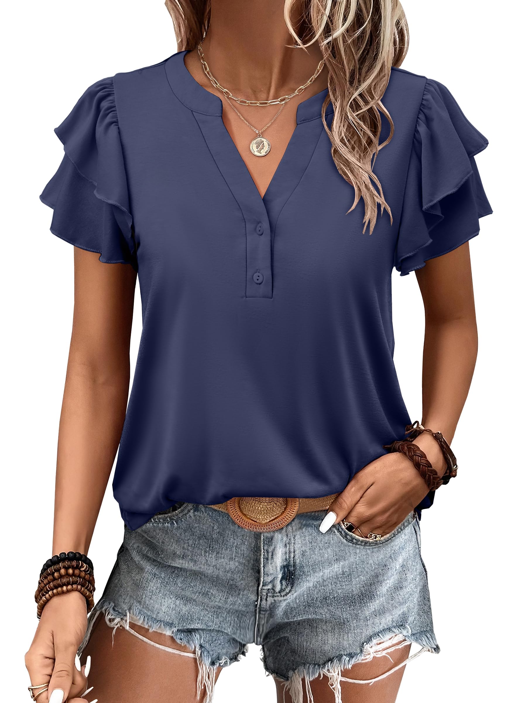 Womens Casual Ruffle Short Sleeve V Neck  Top Blouses