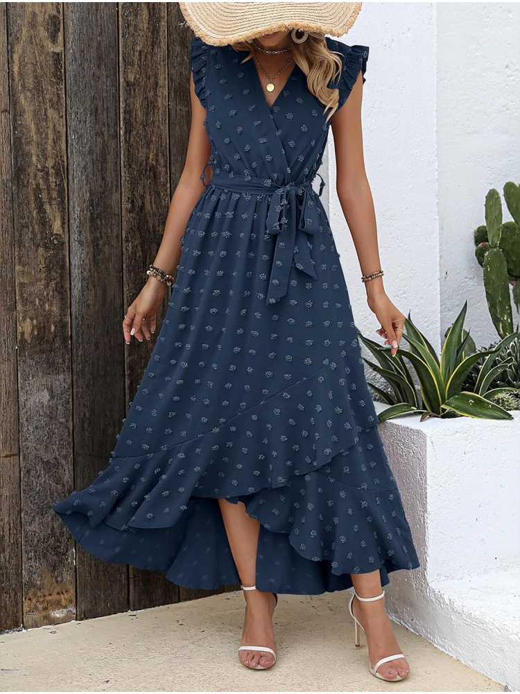 Women Swiss Dot Boho Flowy Ruffle Long Maxi Cocktail Dress