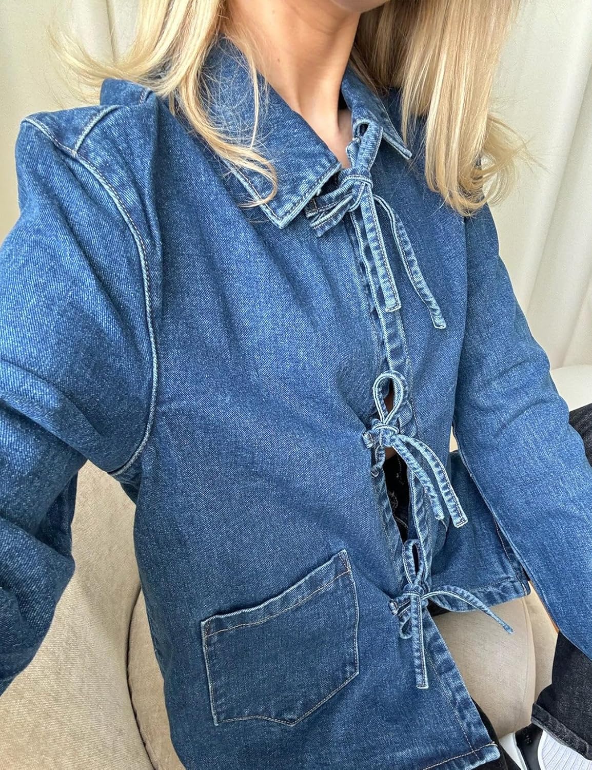 Women's Tie Bow Closure Loose Denim Jacket with Pockets