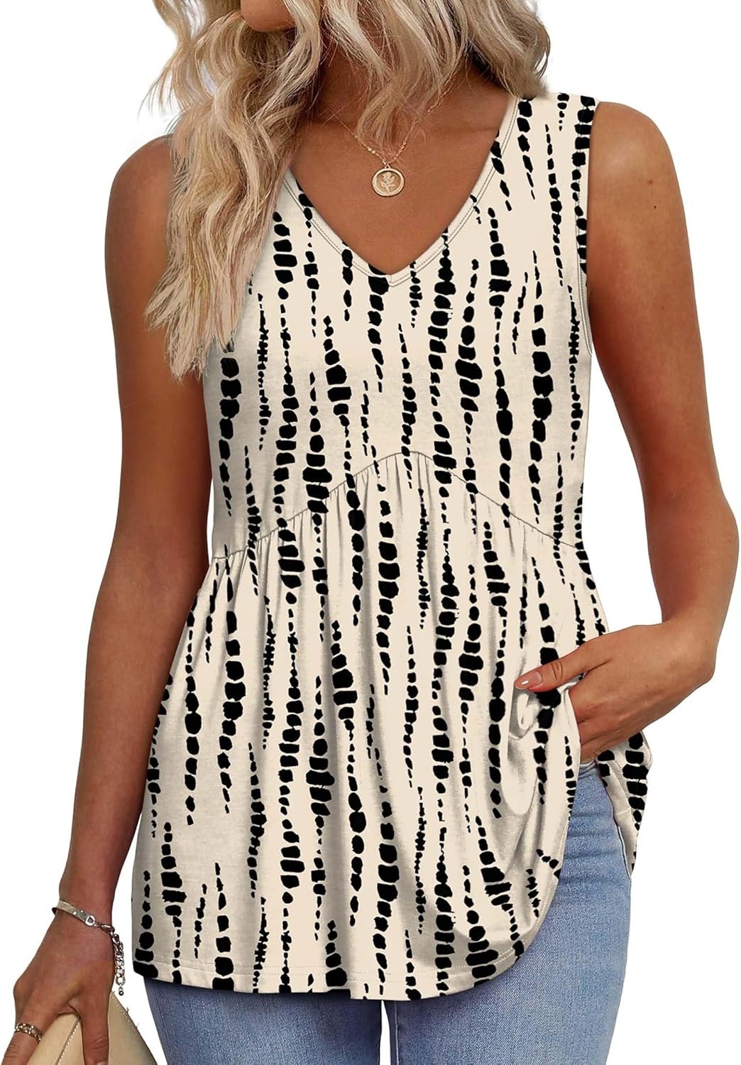 HOT SALE Women's Print Flowy Sleeveless V Neck Peplum Tank Tops