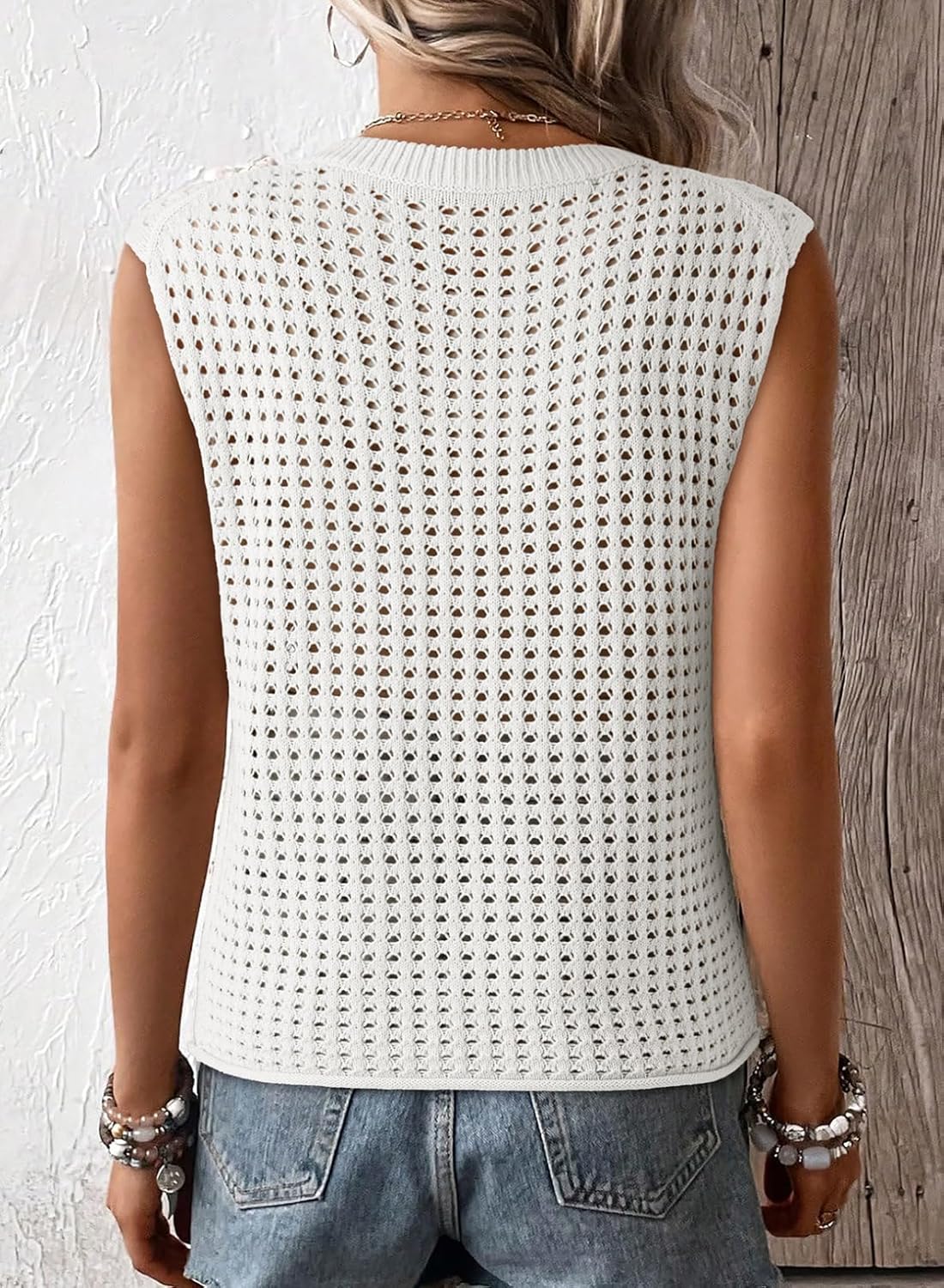 Women's Crewneck Sleeveles Loose Crochet Hollow Vest Top Cover Ups