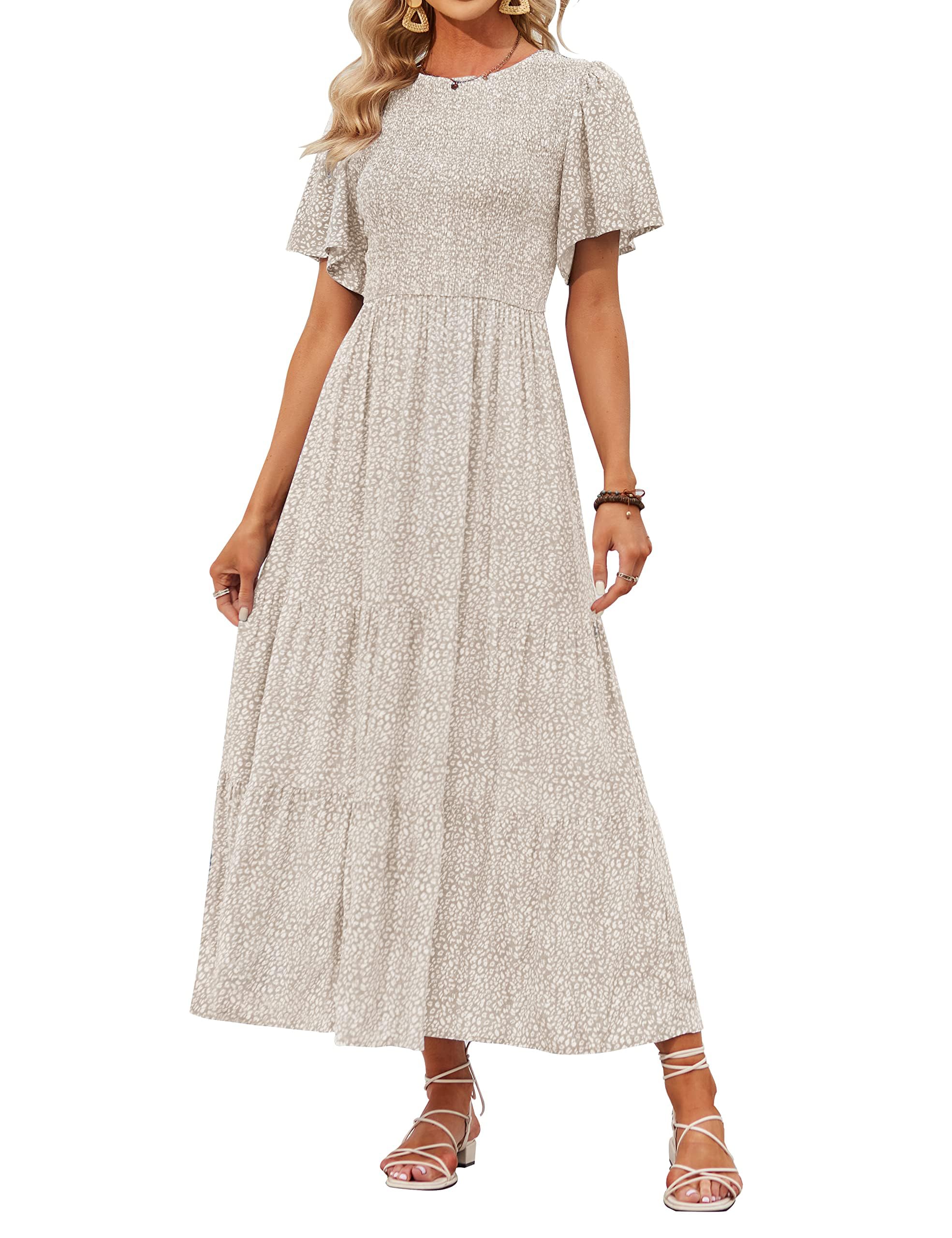 Women's Casual Floral Print Short Flutter Sleeve Smocked High Waist Flowy Maxi Dress