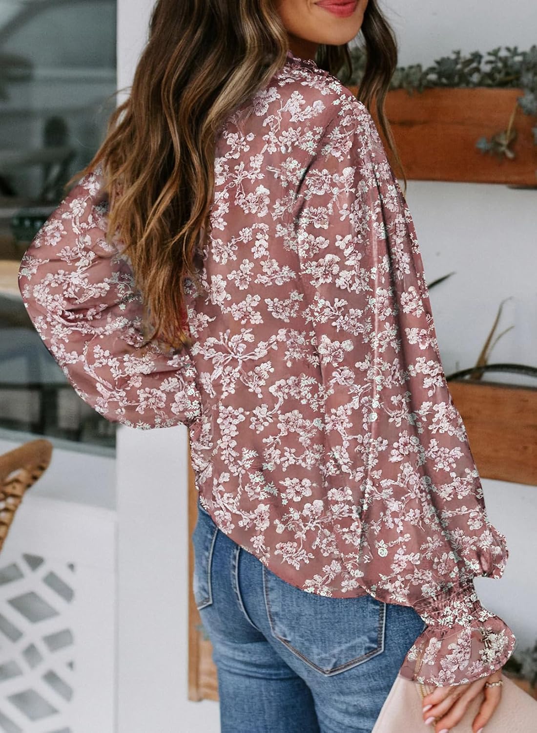 Women's Boho Floral Print V Neck Long Sleeve Drawstring Button Blouses