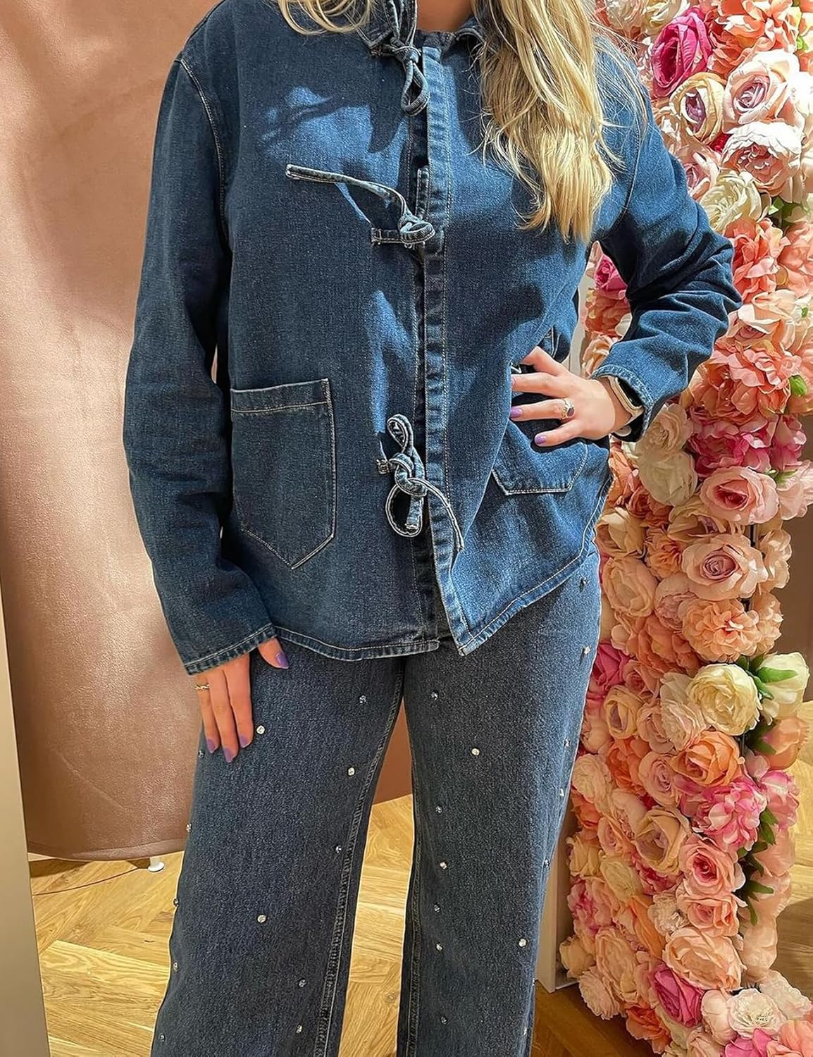 Women's Tie Bow Closure Loose Denim Jacket with Pockets