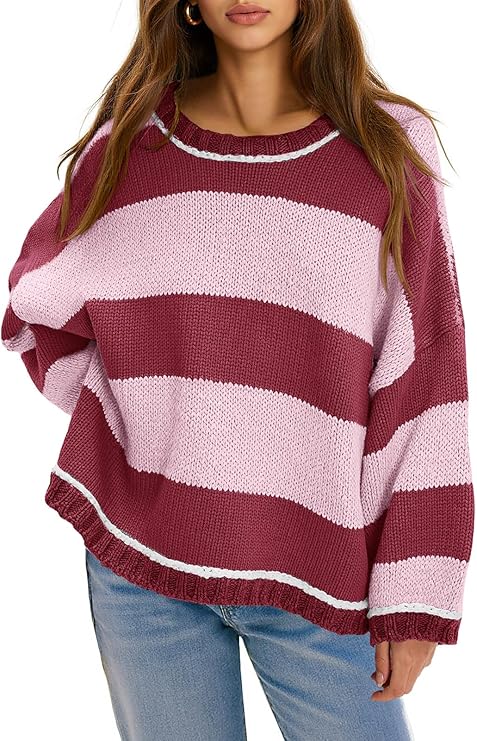 Womens Oversized Striped Color Block Crewneck Sweater