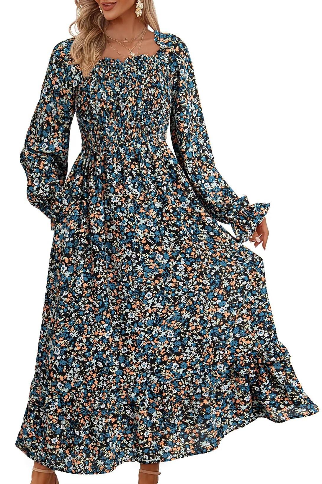 Fall Dresses Casual Floral Square Neck Long Sleeve Dress(Buy 2 Free Shipping)