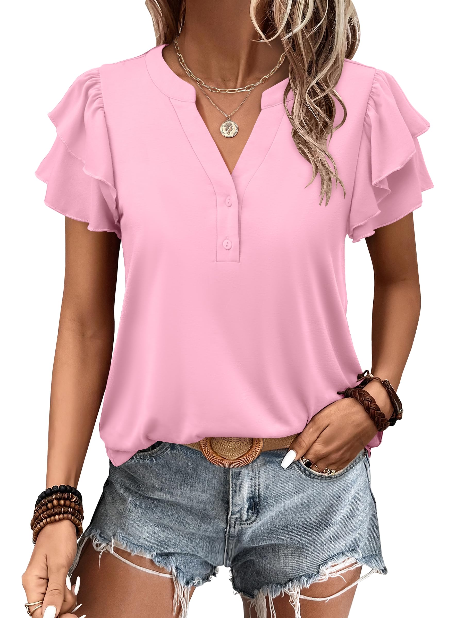 Womens Casual Ruffle Short Sleeve V Neck  Top Blouses