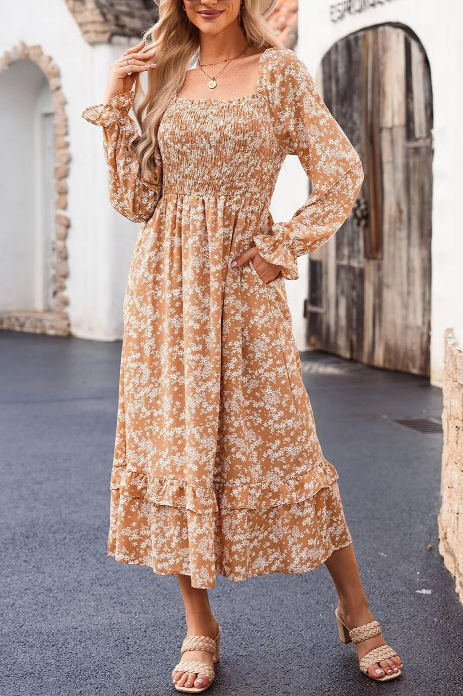 Fall Dresses Casual Floral Square Neck Long Sleeve Dress(Buy 2 Free Shipping)