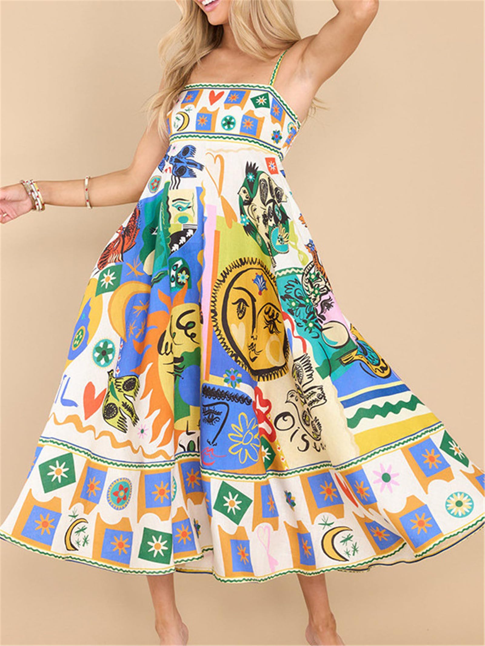 Women Boho Beach Spaghetti Strap Flowy Dress 