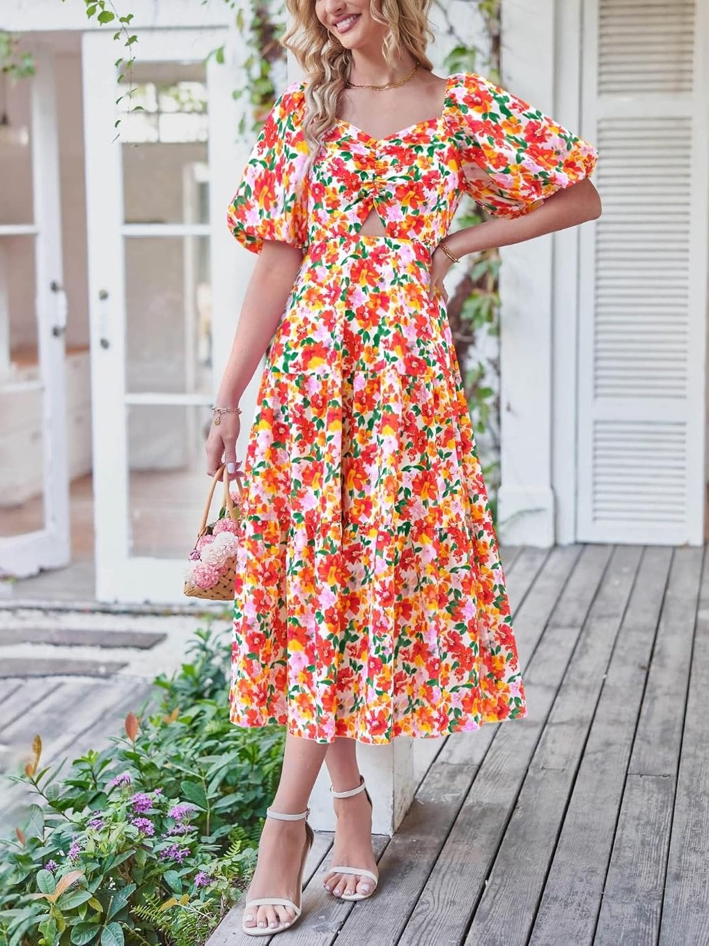 Women's Boho Floral Square Neck Puff Sleeve Cutout Long Maxi Dress