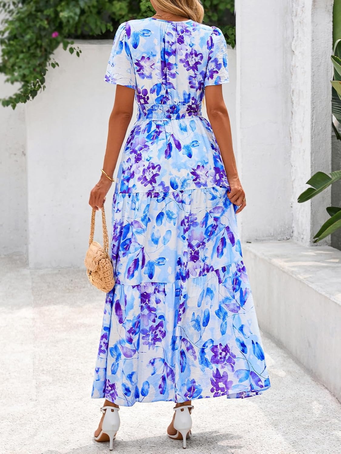 Women's Summer Floral Short Sleeve V Neck Elastic Waist Tiered Maxi Dress Pockets