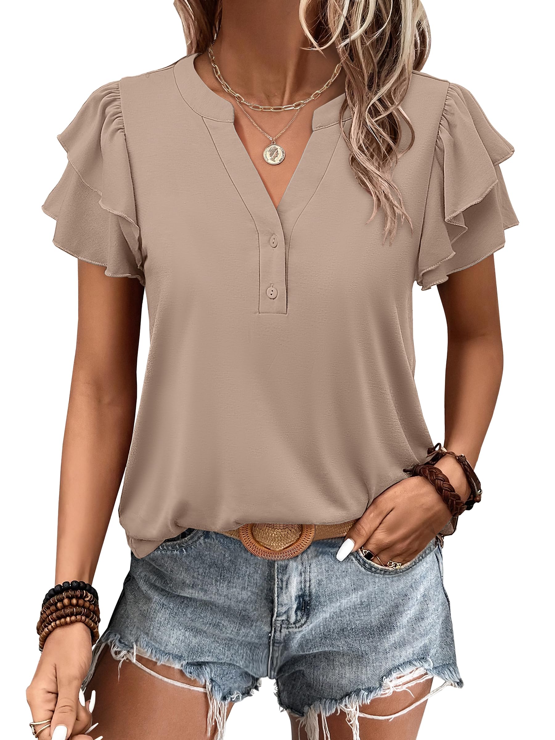 Womens Casual Ruffle Short Sleeve V Neck  Top Blouses