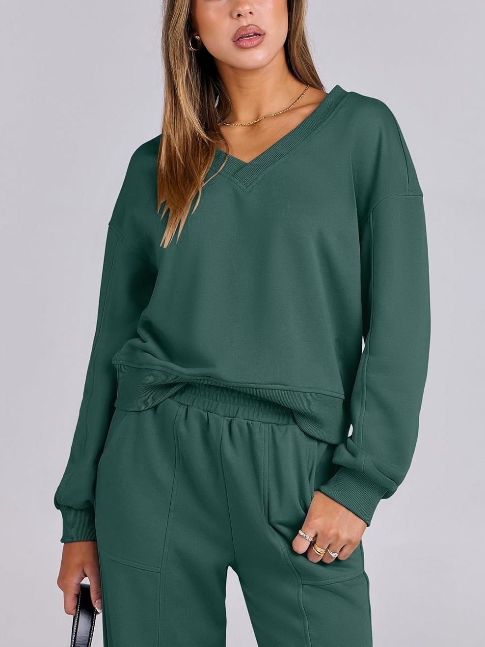 Women's V Neck Sweatshirts Wide Leg Jogger Sweatpants Lounge Sets