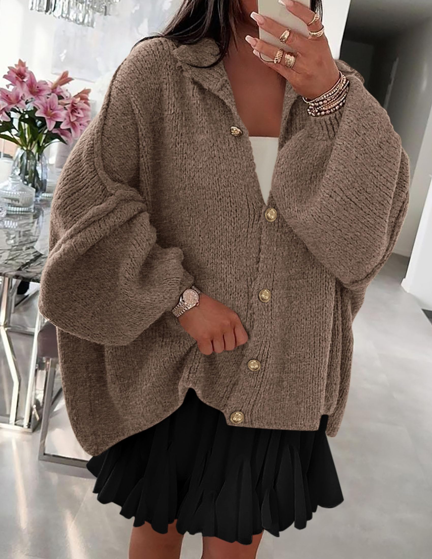 ⏰Hot Sale-Women's Mock Neck Lantern Long Sleeve Button Down Cardigan Sweater