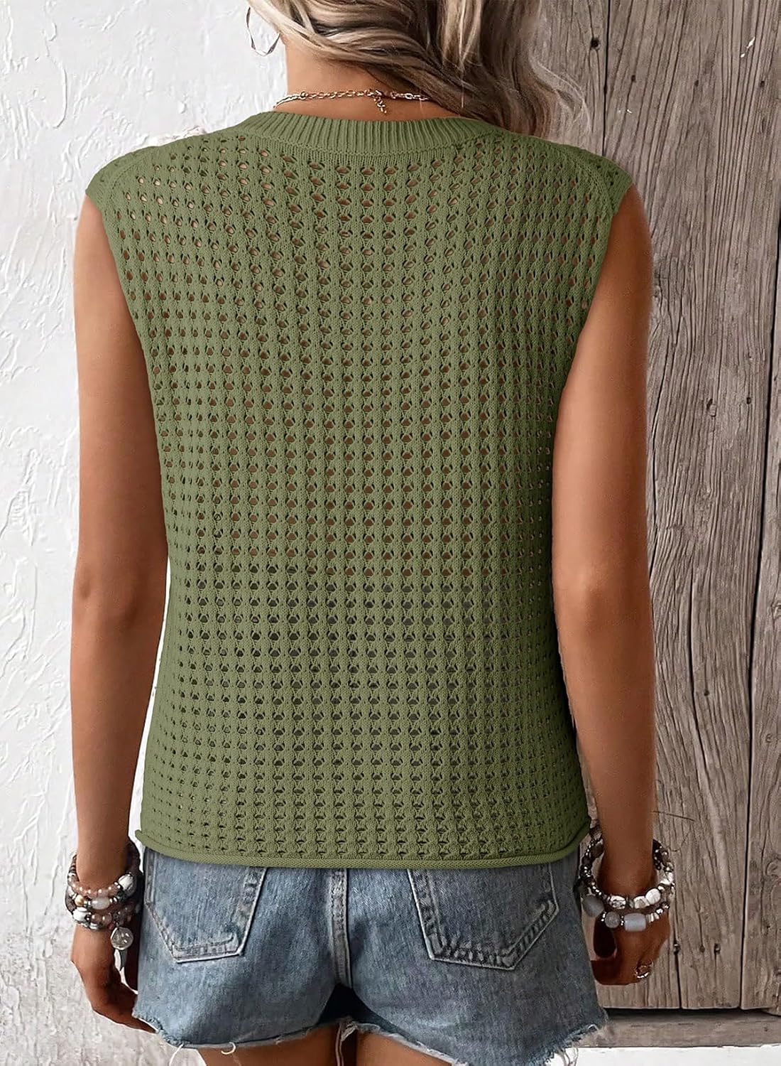 Women's Crewneck Sleeveles Loose Crochet Hollow Vest Top Cover Ups