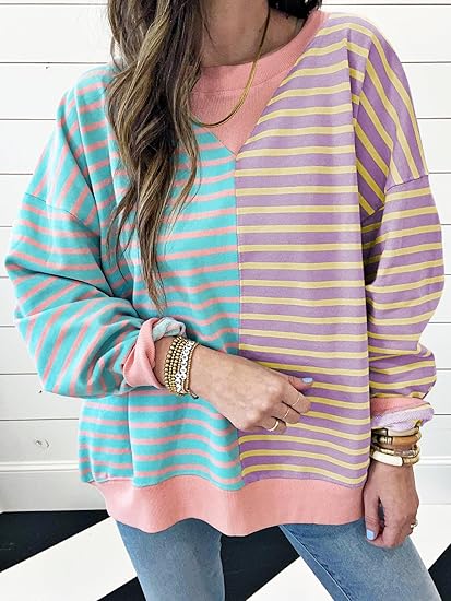 Womens Oversized Sweatshirts Striped Color Block Crewneck Sweatshirt