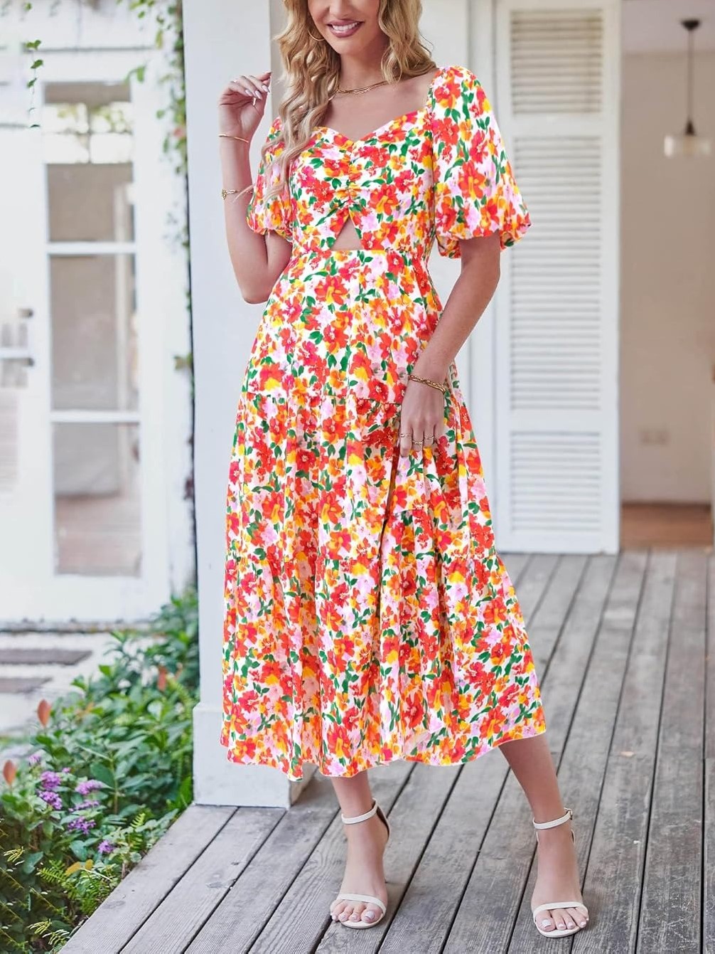 Women's Boho Floral Square Neck Puff Sleeve Cutout Long Maxi Dress
