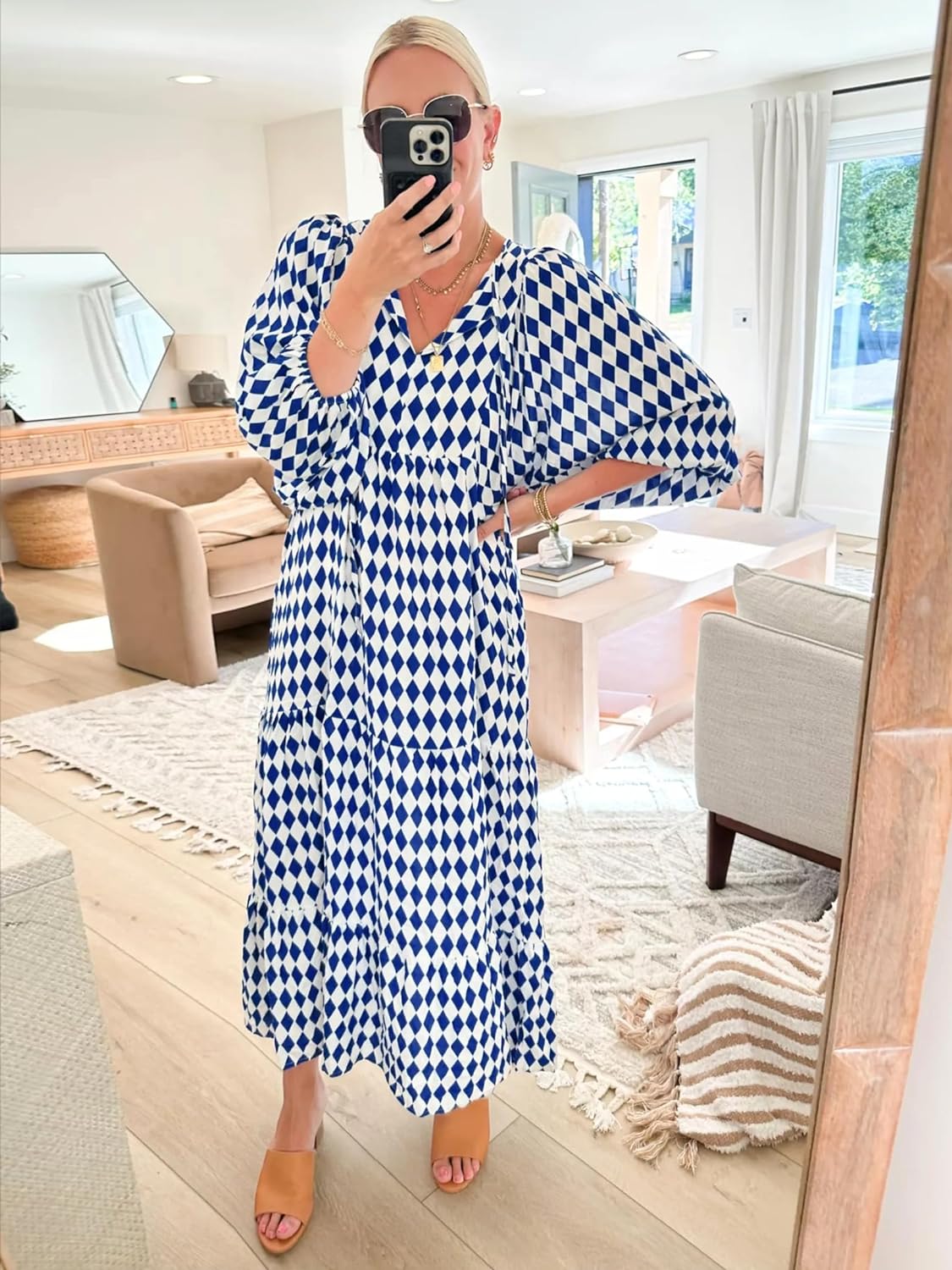 HOT SALE Summer V Neck Puff Sleeve Floral Flowy Casual Maxi Dress