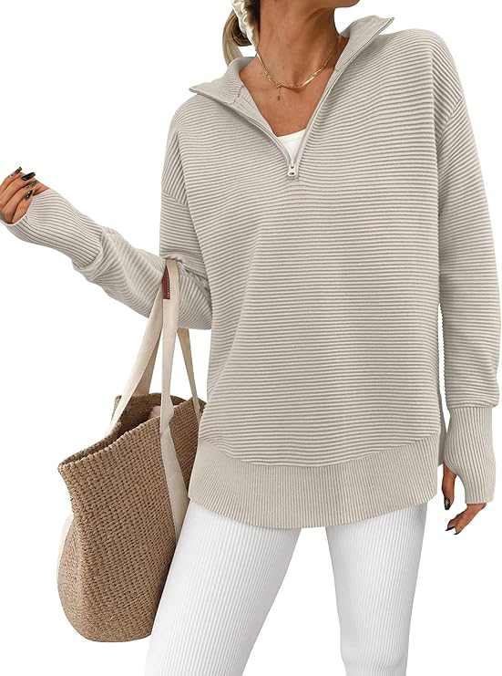 Women's Long Sleeve Quarter Zip Pullover Ribbed Knit Sweater(Buy 2 Free Shipping)