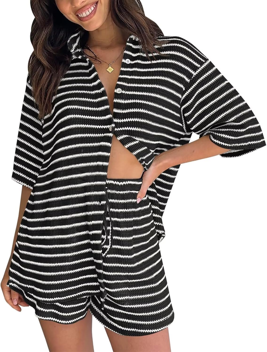 Womens Striped Knit V Neck Button Down Lounge Sets