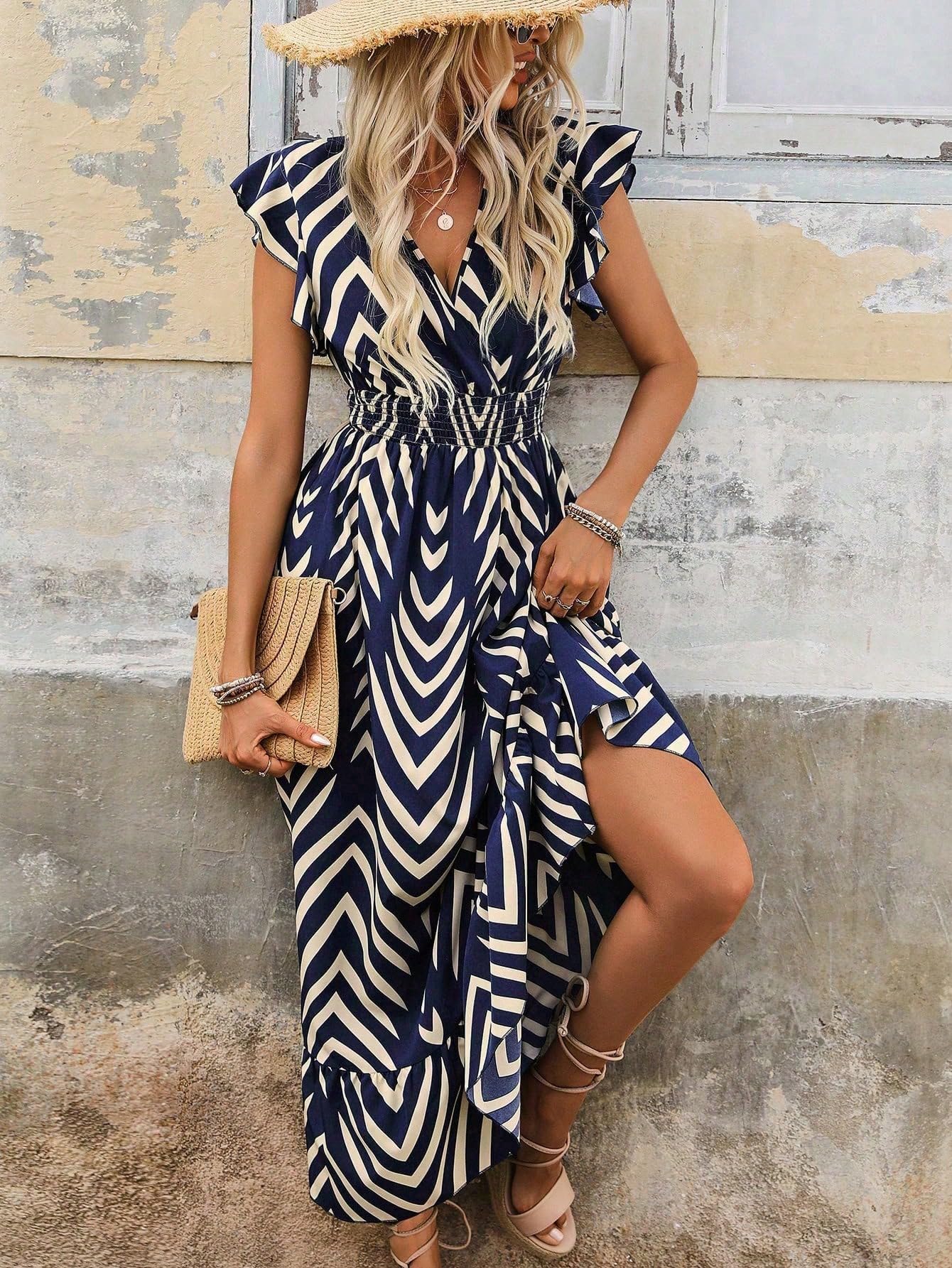 Women's Spring Summer Fashion Floral V Neck Ruffle Waist Slim Boho Dress