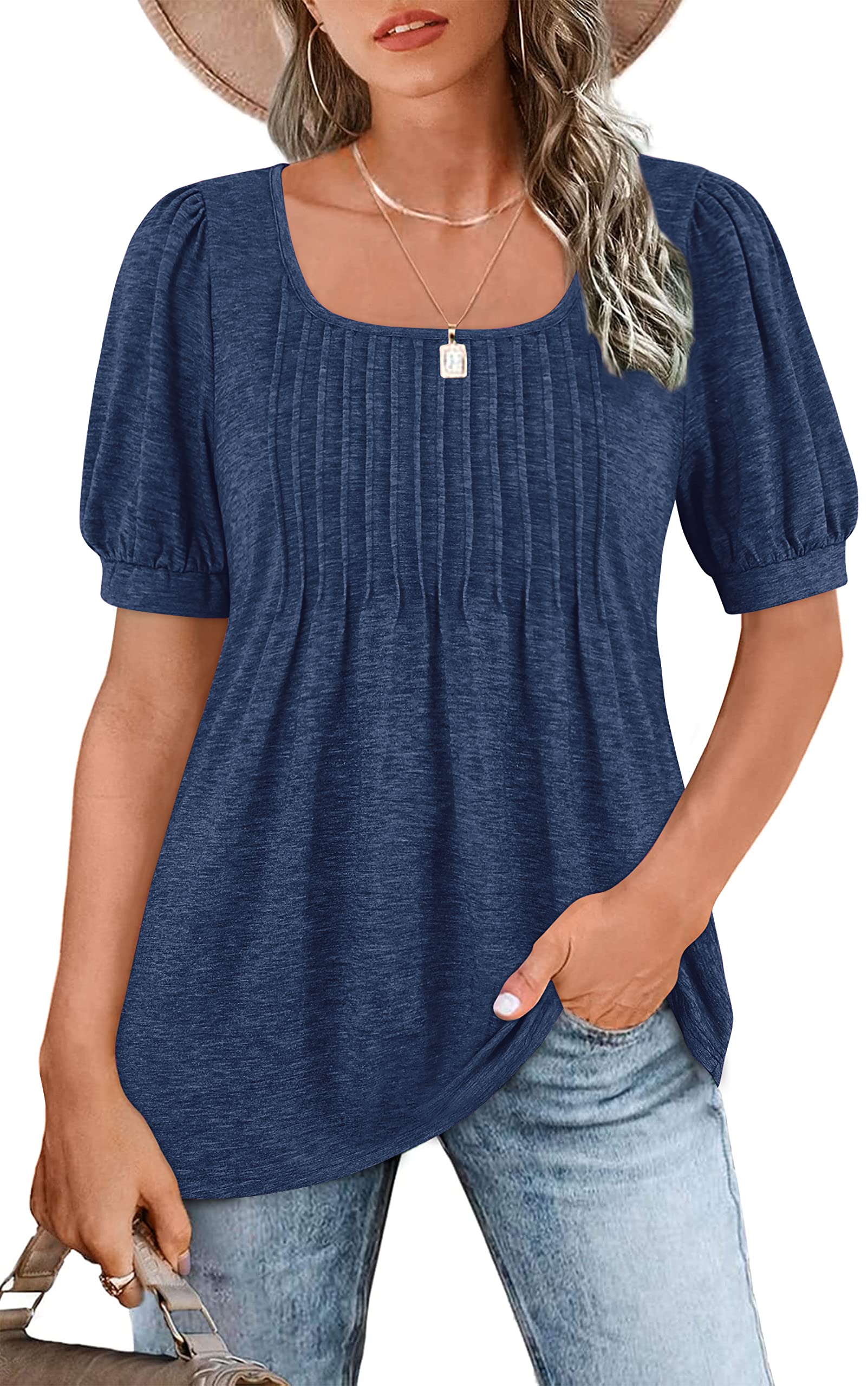 Women's Puff Short Sleeve Tunic Tops
