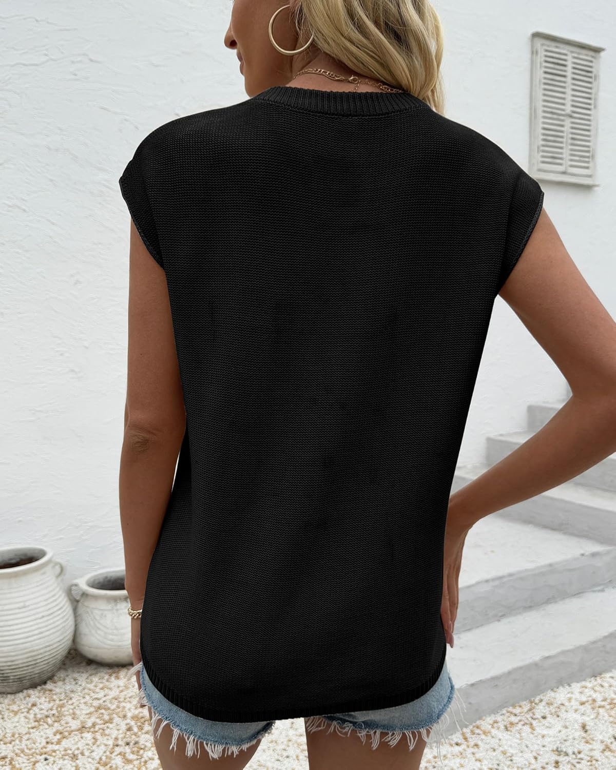 Women's Crew Neck Cap Sleeve Knitted Lightweight Mid Seam Top