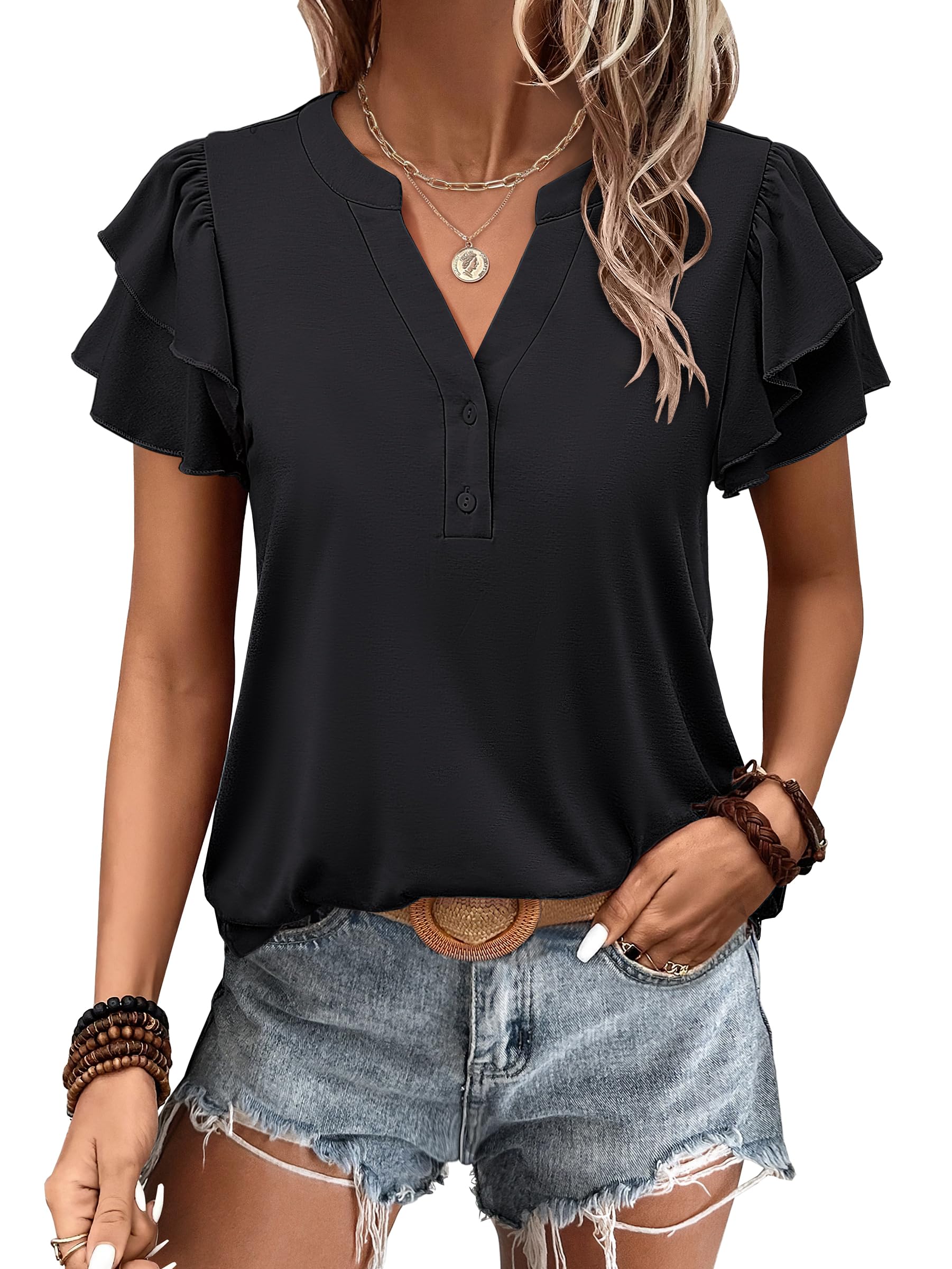 Womens Casual Ruffle Short Sleeve V Neck  Top Blouses