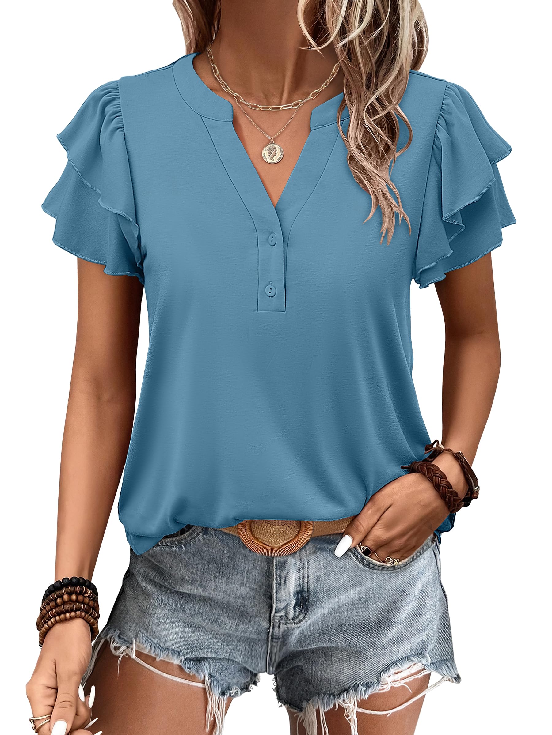 Womens Casual Ruffle Short Sleeve V Neck  Top Blouses