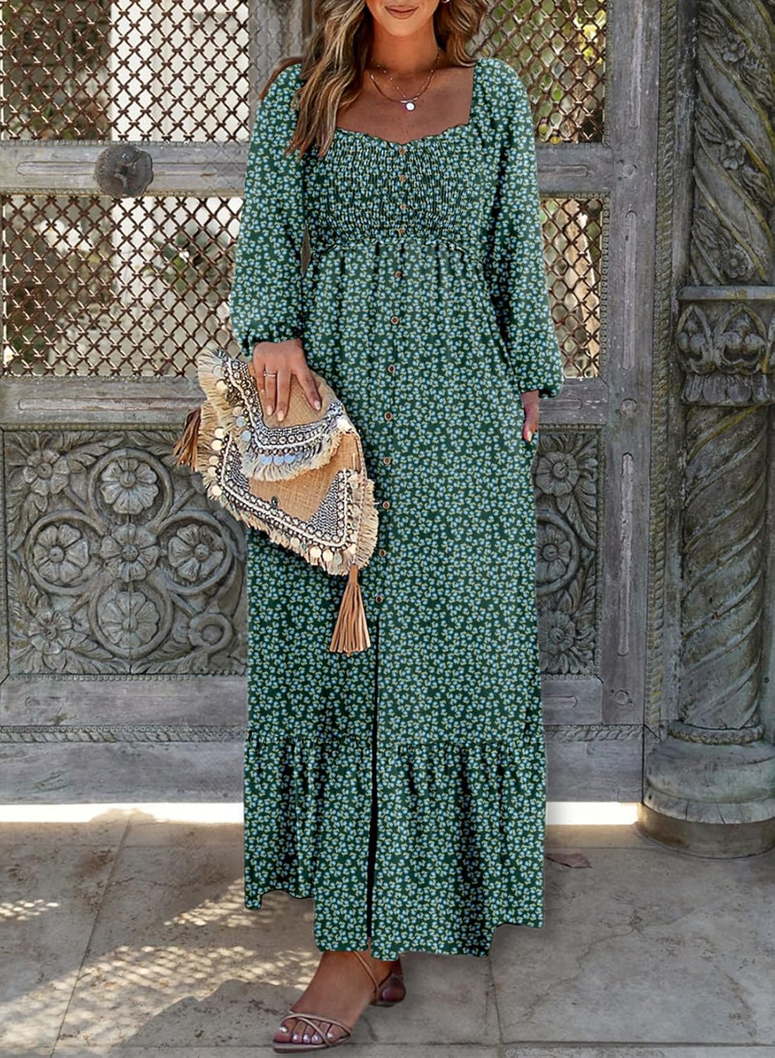 Womens Boho Floral Smocked Button Down  Long Maxi Dress with Pockets(BUY 2 FREE SHIPPING)