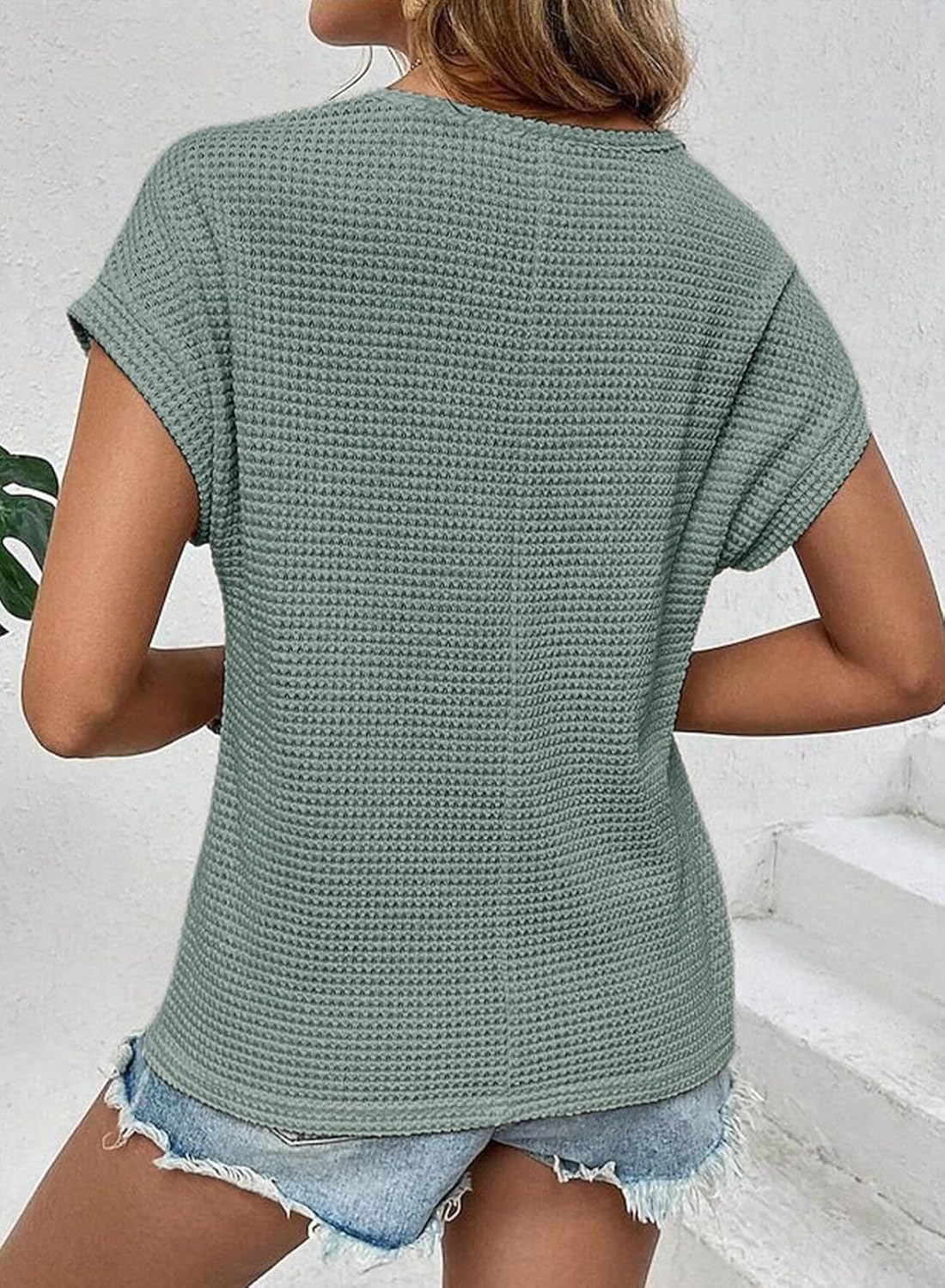 HOT SALE Women's Casual Waffle Knit Hollow Out Short Sleeve Shirts