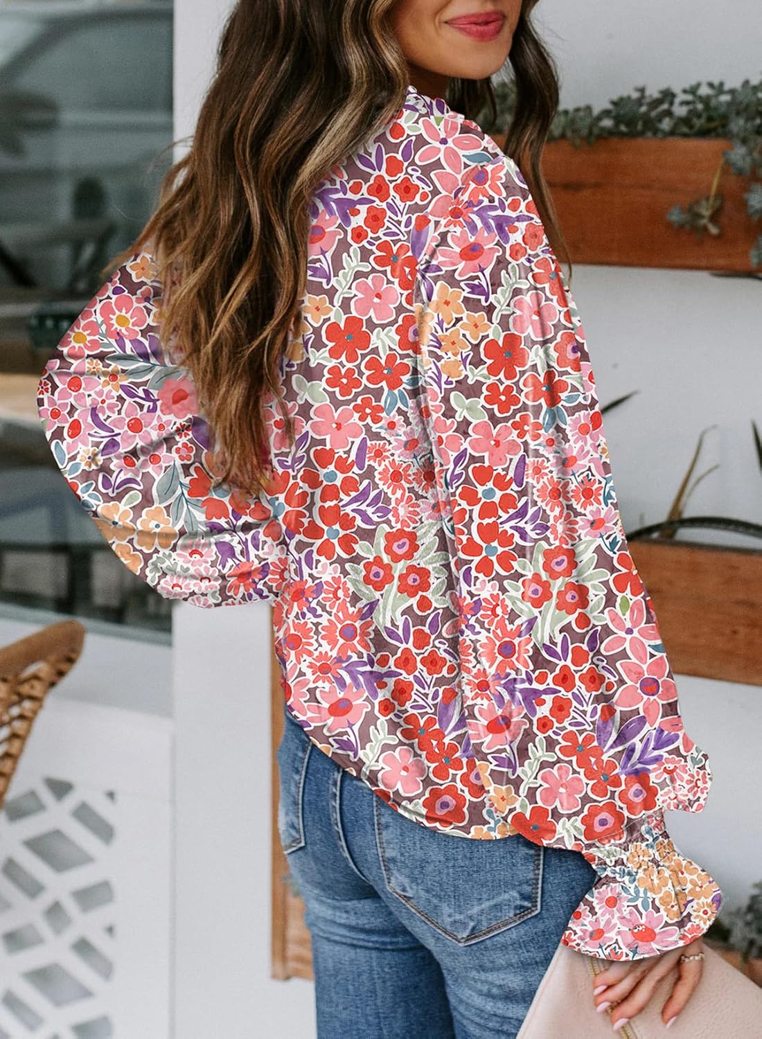 Women's Boho Floral Print V Neck Long Sleeve Drawstring Button Blouses