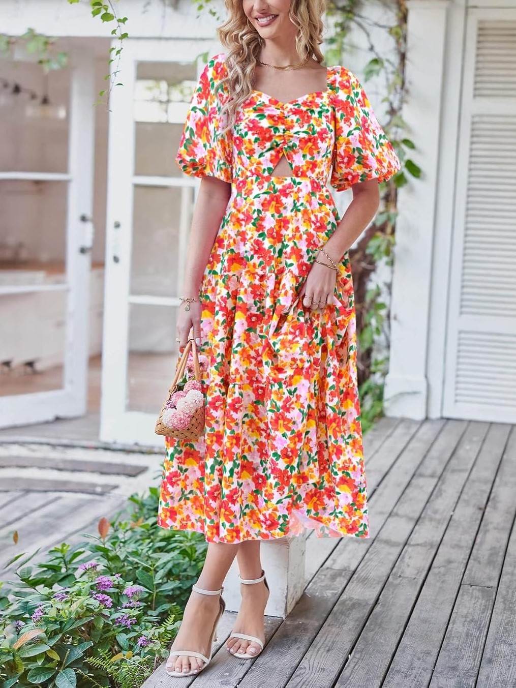 Women's Boho Floral Square Neck Puff Sleeve Cutout Long Maxi Dress