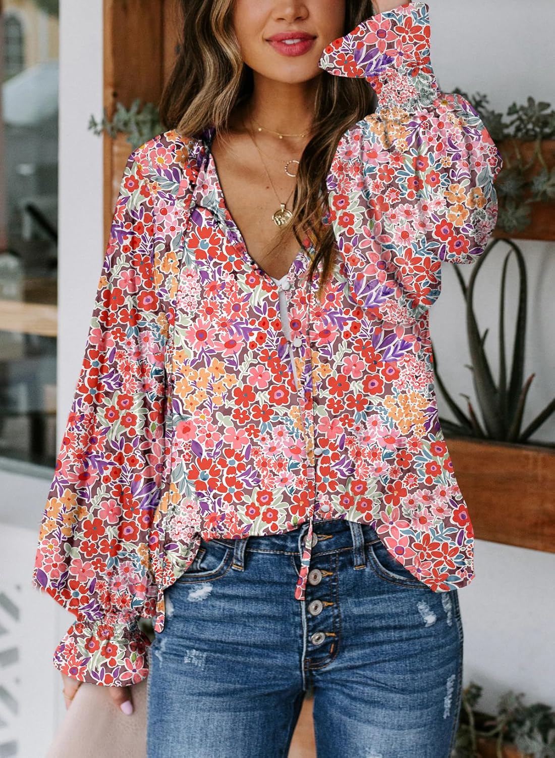 Women's Boho Floral Print V Neck Long Sleeve Drawstring Button Blouses