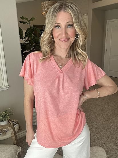 Women's V Neck Ruffle Sleeve Tunic Short Sleeve Blouse Flutter Sleeve Tops