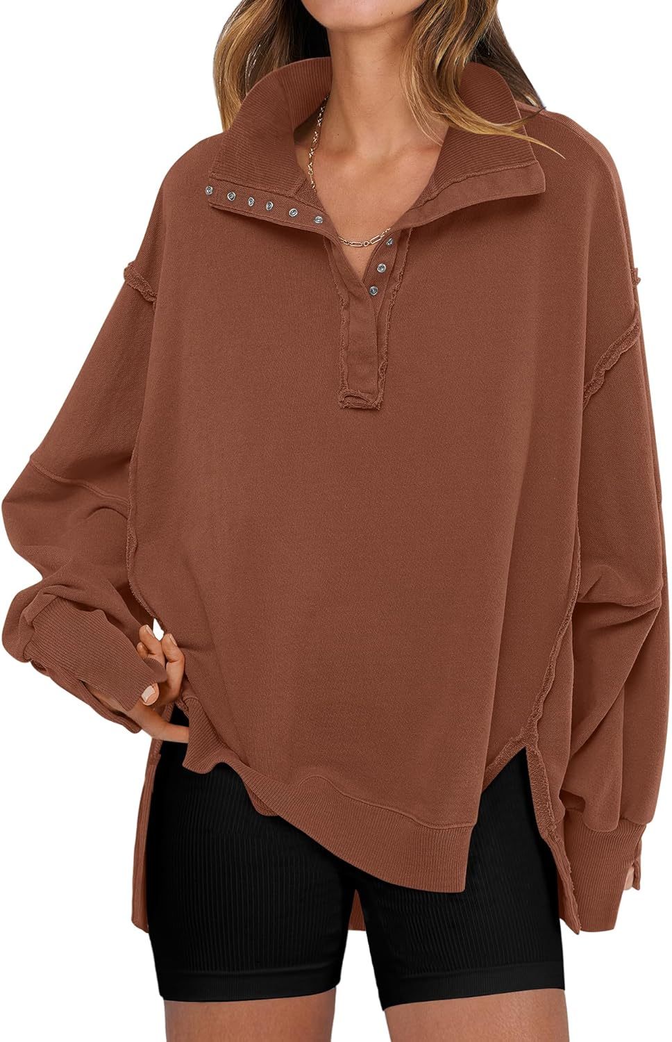 Womens Oversized V Neck Button Up Henley Pullover Sweatshirts
